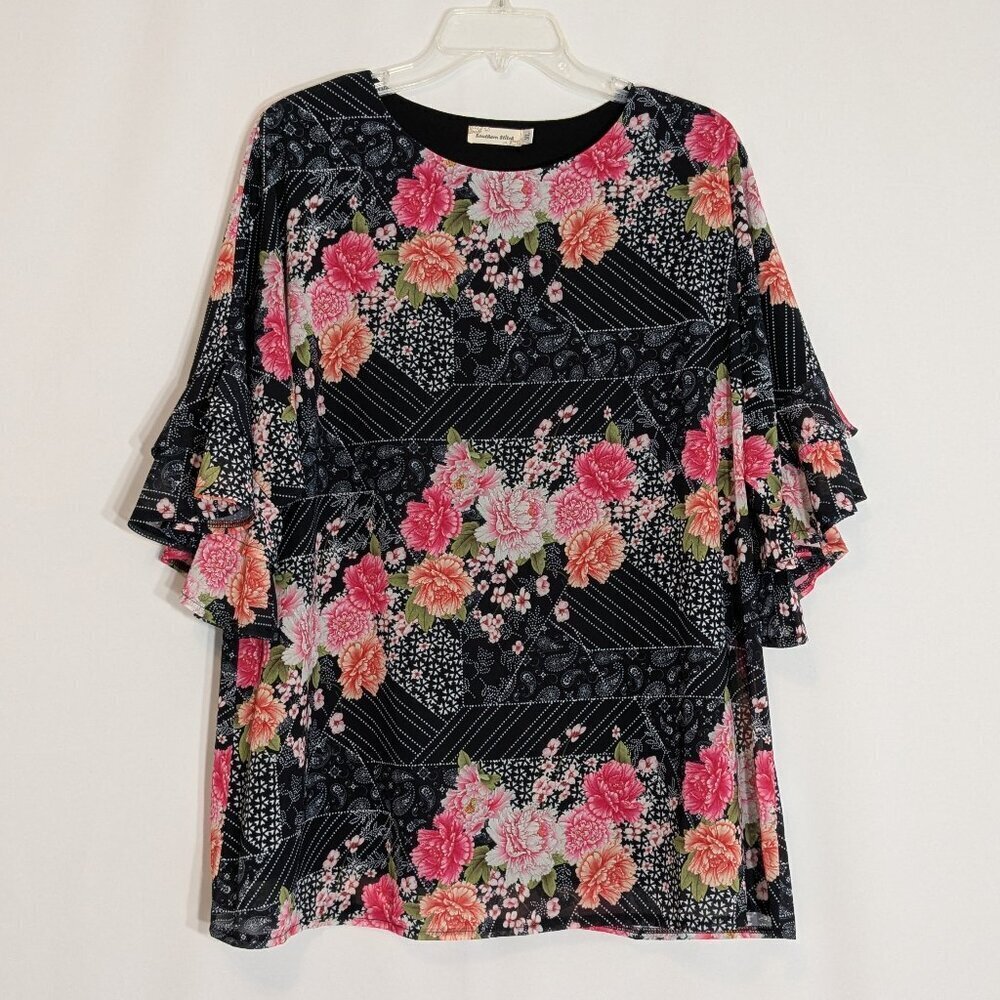 SOUTHERN STITCH Black/Pink Floral Lined Chiffon 3/4 Sleeve Top; Size XL